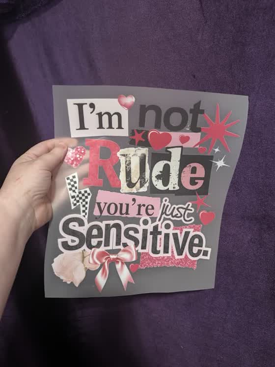 Marie Gems DTF transfer design, a custom 'I'm not rude, you're just sensitive' print